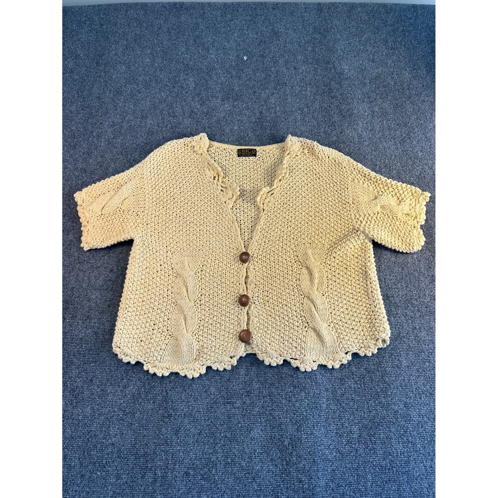 Rico Cream Cotton Cable Knit Short Sleeve Cardigan Scalloped Trim Wood Buttons